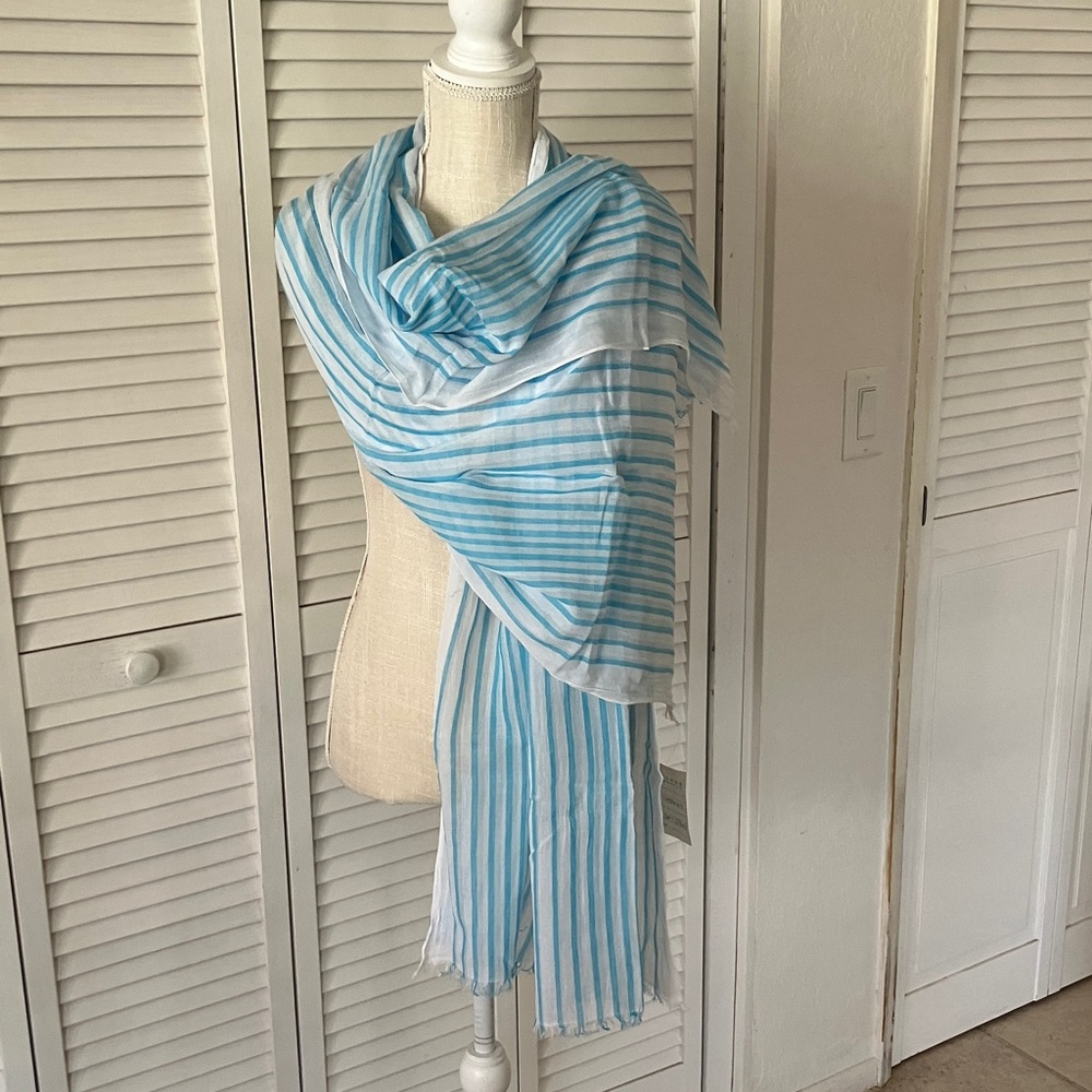 Cotton Turquoise Blue and White Striped Women's Scarf Fringed‎ hem NWT